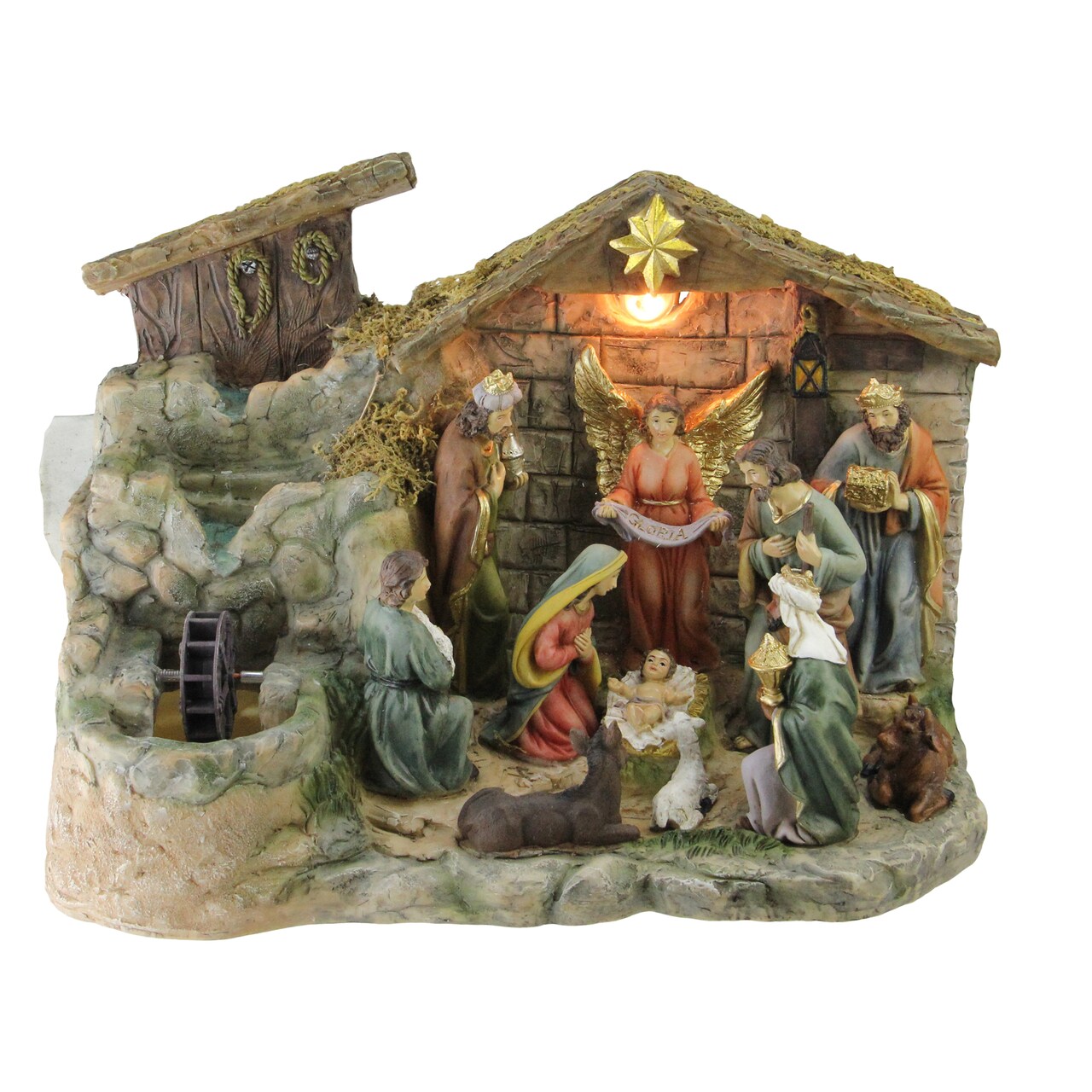 Northlight 11-Piece Pre-Lit Brown Christmas Nativity Figurine Set with Water Fountain 11" - Warm White Light